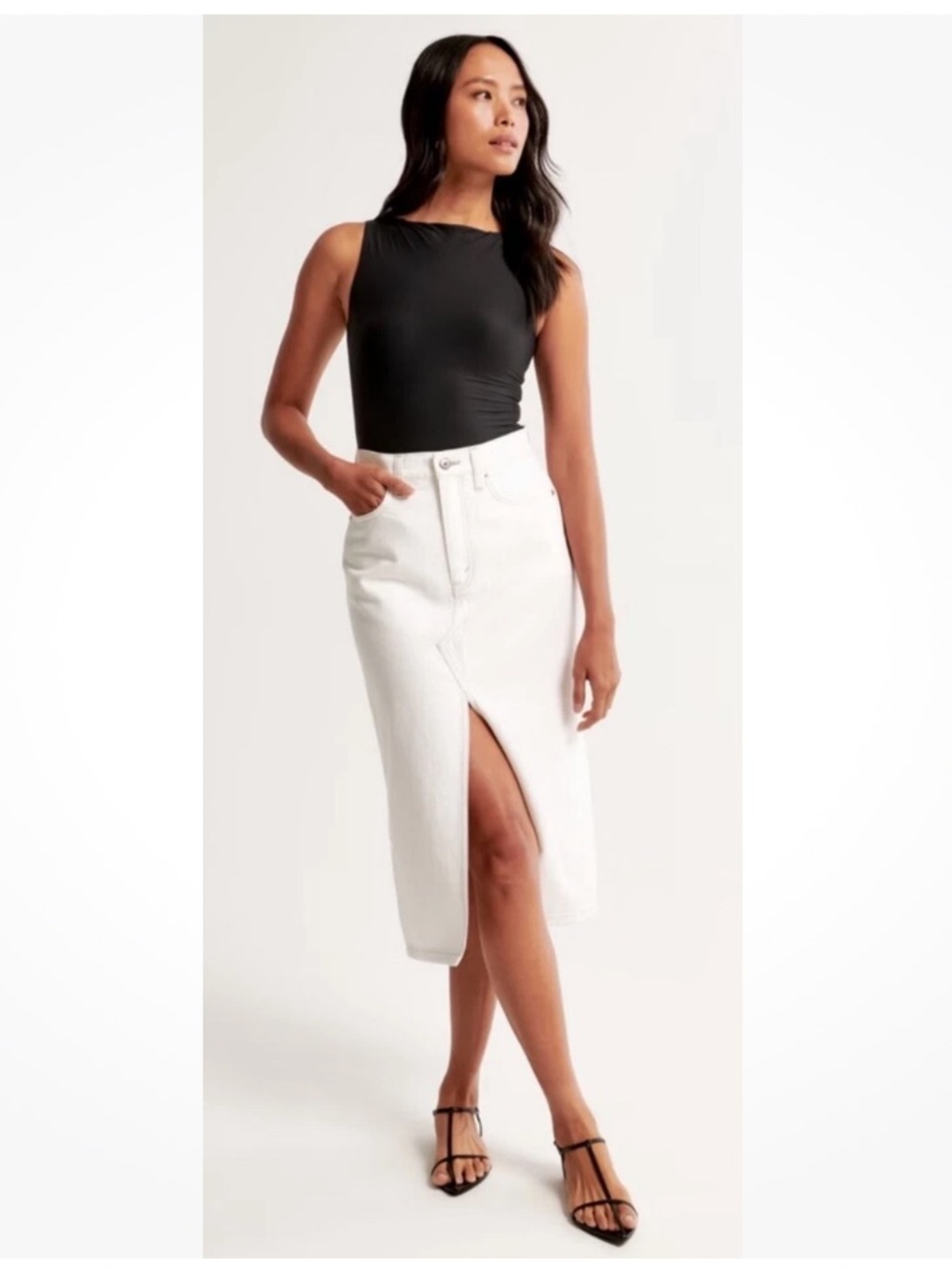 Abercrombie & Fitch Ecru Midi Denim Skirt with Front Slit